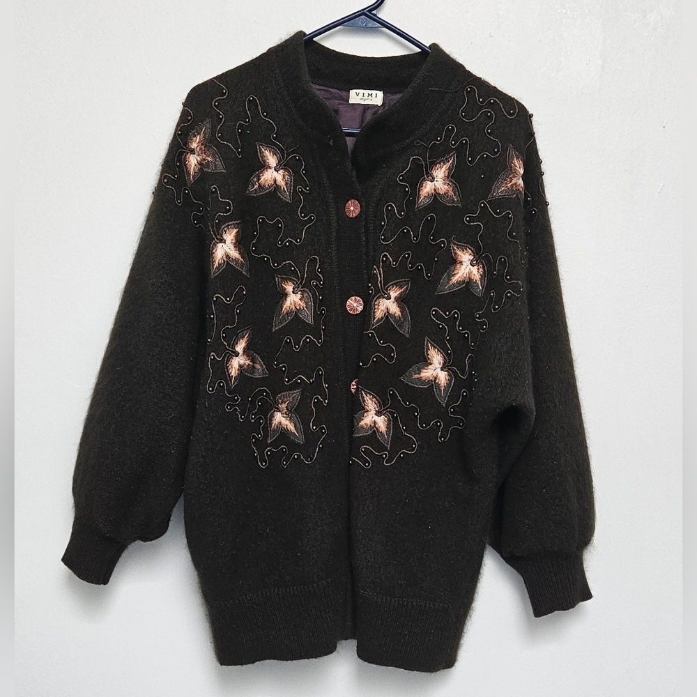 Vintage VIMI 100% Angora Wool Embroidered Dark Chocolate Sz L Lined Cardigan - Picture 9 of 15